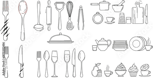 Collection of charming black and white line art icons depicting various cooking utensils dining silverware serving dishes and sweet dessert illustrations for culinary themes