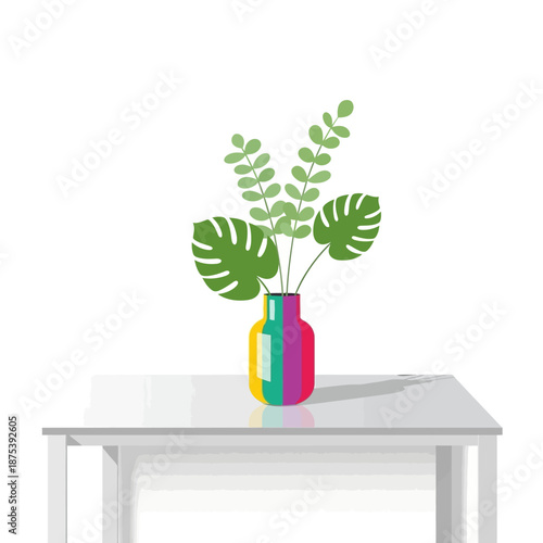 Colorful vase with green plants on a white table, modern flat design