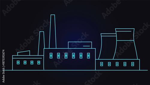 Glowing cyan factory and power plant skyline outline on dark futuristic background ideal for energy industry technology ads websites banners presentations and modern digital design use