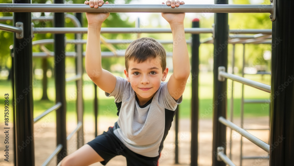 Obraz premium Caucasian boy climbing jungle gym in park, childhood activity and physical fitness outdoors