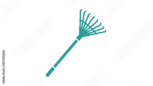 Isolated turquoise garden rake with long handle on white.