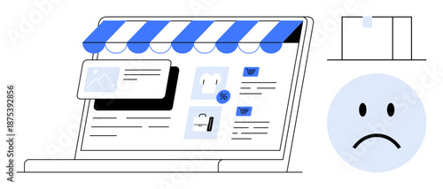 E-commerce challenges. E-commerce layout with a discount icon and frustrated customer emotion. E-commerce usability, customer experience, and online shopping issues. Suitable for business, marketing
