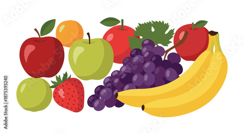 A colorful and fresh assortment of healthy fruits including red apples, green apples, an orange, grapes, a strawberry, and bananas.