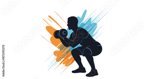 Silhouette of a man performing a squat exercise with dumbbells, set against a dynamic abstract background in orange and blue brushstrokes.