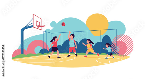 A diverse group of children enthusiastically plays basketball on an outdoor court under a bright sky, enjoying active recreation and teamwork.