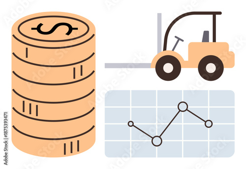 Business planning, supply chain, financial growth, investment strategy, logistics, economic development. Stack of coins, forklift graph with trend line. Logistics and financial growth concept