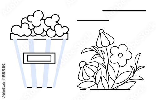 Entertainment, snacking, relaxation, cinema, nature, organic lifestyle. Popcorn bucket and floral design in a minimalistic line art style. Entertainment and nature concept