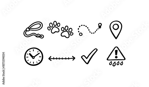 Collection of hand-drawn icons representing pet care and travel elements