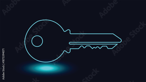 Abstract neon key illustration glowing cyan on dark background ideal for security access protection password safety technology concepts and modern minimal creative design visuals