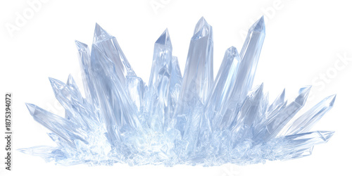 A Beautiful Cluster of Pointed Light Blue Ice Crystals or Quartz Gemstones Glowing with an Inner Light on a Transparent Background