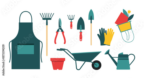 A complete set of colorful gardening tools and equipment, neatly arranged for planting, landscaping, and outdoor hobby activities.