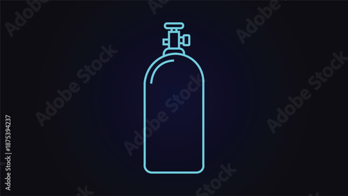 Abstract neon oxygen gas cylinder illustration glowing cyan on dark background ideal for medical safety industry healthcare energy supply and modern minimal technology design visuals