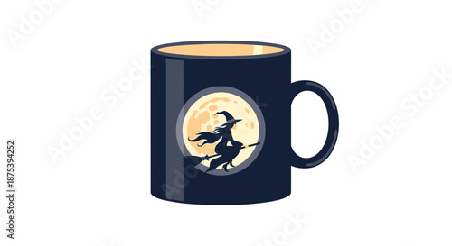 A dark blue mug featuring a classic Halloween design of a witch silhouetted against a luminous full moon, perfect for spooky season beverages.