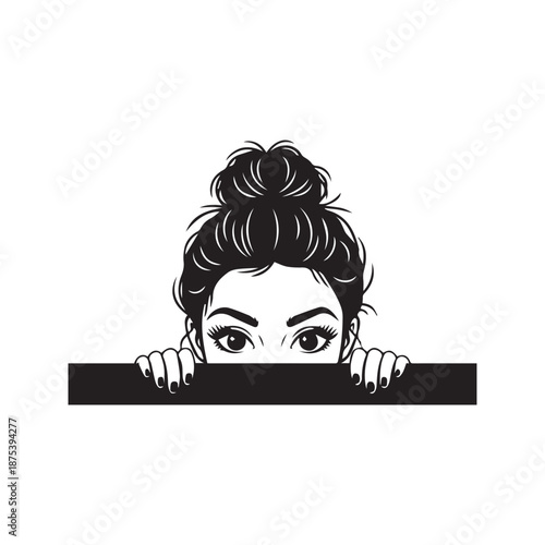 Cute Woman Peeking Over Edge with Messy Bun Hairstyle Vector Illustration
