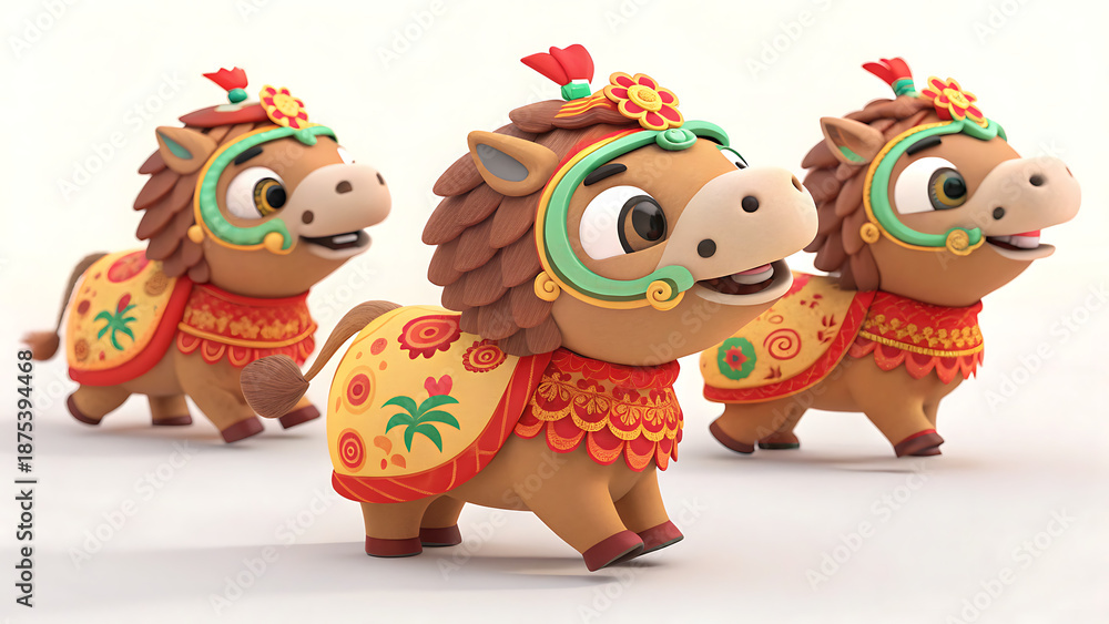 Fototapeta premium Three cartoon horses with traditional chinese outfit