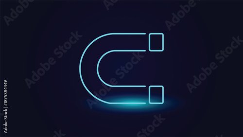 Abstract neon magnet illustration glowing cyan on dark background ideal for attraction physics science technology data marketing concepts and modern minimal creative design visuals