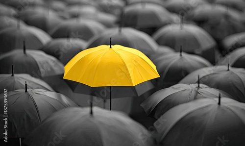 A single bright yellow umbrella stands out amongst a sea of muted gray umbrellas