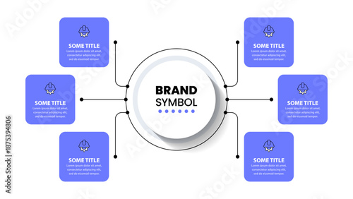 Infographic template. 6 purple squares with icons and text