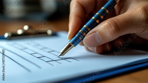 Wallpaper Mural Close-up of a person's hand holding an elegant blue and gold pen, meticulously writing or filling out a document on white paper. Torontodigital.ca
