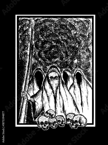 Dark monochrome illustration of hooded grim reaper figures with skulls, eerie abstract background, gothic horror art, occult symbolism, hand-drawn ink style, high-contrast macabre artwork.