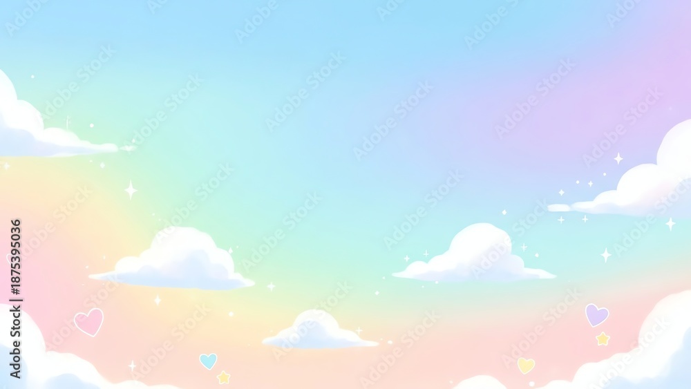 Fototapeta premium Dreamy Pastel Rainbow Sky with Clouds, Hearts, and Twinkling Stars