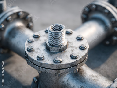 Detailed industrial metal pipe connection with bolts and threaded fitting highlighted in close-up view for plumbing or mechanical applications on an outdoor setting