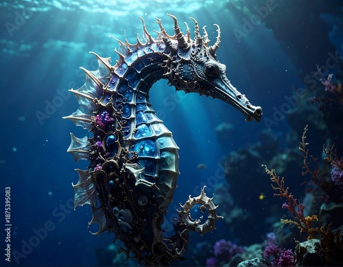 Detailed seahorse amidst coral reefs, bathed in dappled sunlight underwater, creating a surreal, bioluminescent ambiance