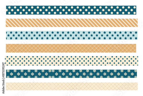 Colorful Vintage Washi Tape Strips with Geometric and Floral Patterns, Featuring Ragged Edges, Lines, Circles, Flowers, and Polka Dot Stickers, Vector Illustration