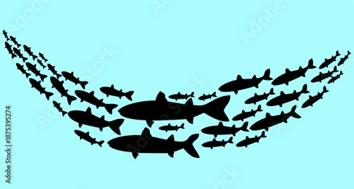 Imaginary image of a silhouette of a group of mullet fish swimming in a procession, isolated on a blue background, vector