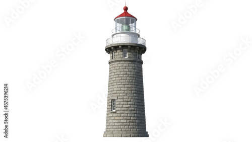 Stone lighthouse with red top isolated PNG, tall maritime navigation tower on transparent background for travel and architecture concepts