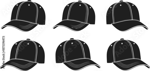 Black baseball caps vector illustration, uniform sports headwear design, fashion accessory collection, isolated hat icons, branding mockup elements, stylish stitched cap set