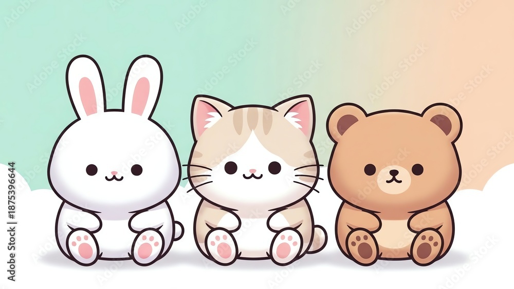 Fototapeta premium Kawaii Animal Friends Rabbit, Cat, and Bear in a Soft Pastel Setting