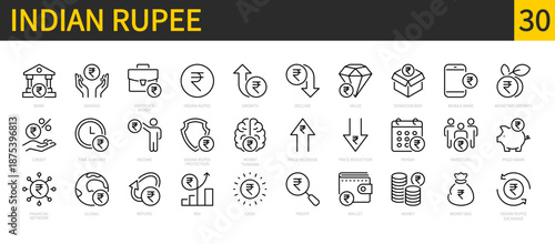 Indian rupee icon set. Currency, money, finance, savings, cash, financial network, bank, money bag, growth, piggy bank, value, wallet, profit icons. Vector illustration. Isolated on a white background