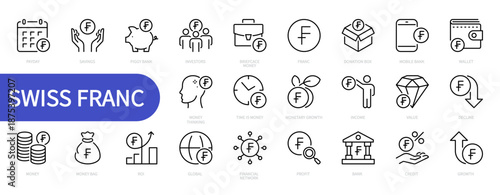 Swiss franc icon set. Currency, money, finance, savings, cash, financial network, bank, money bag, growth, piggy bank, value, wallet, profit icons. Vector illustration. Isolated on a white background.