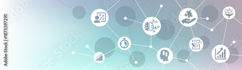 Productivity vector illustration. Banner with icons related to efficiency & improvement, increasing performance, motivation & innovation, achieving goals, job advancement, growth & success.