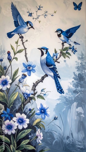 Azure-toned painting of Blue Jays perched amid flora. Soft palette, natural beauty, airy ambiance
