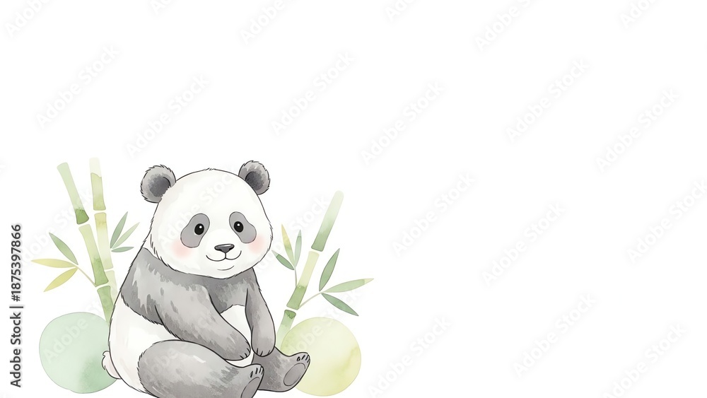 Obraz premium Cute Watercolor Panda Sitting with Bamboo Stalks on White Background
