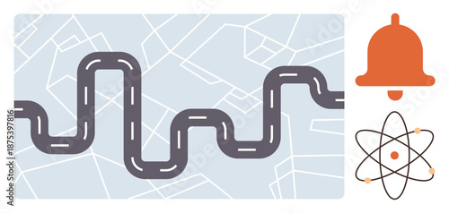 Travel navigation, notifications, science concepts, physics education, atomic structure, app design. Winding road over a map, bell symbol atom graphic. Navigation and notifications in design