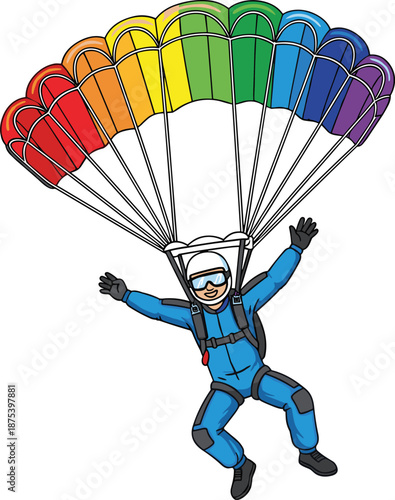Colorful skydiver illustration with rainbow parachute, extreme sport vector art, adventure activity design, vibrant parachuting scene, cartoon character in mid-air