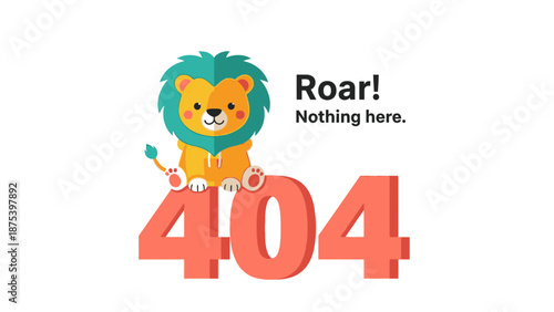 Playful 404 Error Page Design: Cute Cartoon Lion Sitting on Numbers. Website Not Found Status Code Illustration.