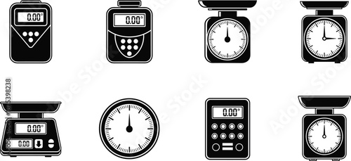 Digital weighing scales vector set, analog dial balance illustration, modern electronic measurement devices, precision weight equipment icons, zero reading display collection, isolated instruments