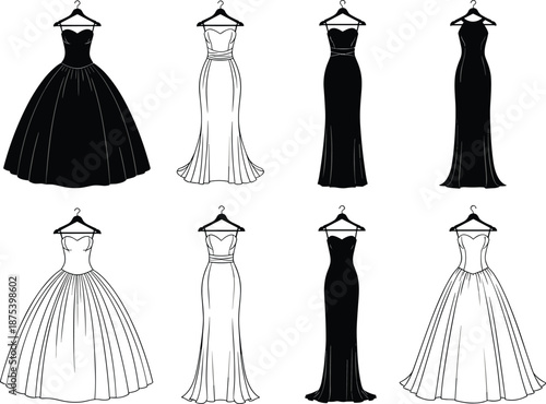 Elegant fashion vector illustration of black and white evening gowns, stylish dresses on hangers, modern clothing silhouettes, glamorous apparel design, haute couture inspiration