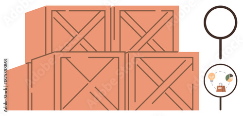 Logistics, delivery services, packaging, e-commerce, supply chain, product analysis. Wooden crates stacked together, magnifying glass showing e-commerce items. Logistics and delivery services concept