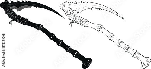 Fantasy scythe vector illustration, gothic skeletal weapon design, dark bone handle, jagged blade art, supernatural death theme, spooky horror concept, stylized artwork