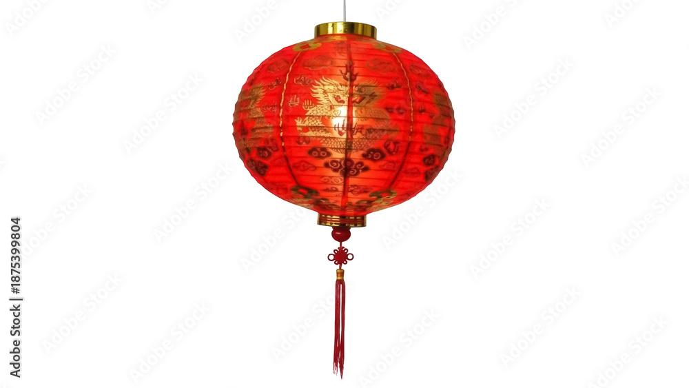 Obraz premium Red Chinese lantern PNG isolated on transparent background, traditional festive decoration for Lunar New Year and cultural celebrations