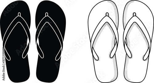 Flip flops silhouette illustration, detailed line drawing footwear vector, summer sandals outline art, beach shoes contour sketch, minimalist fashion accessory design