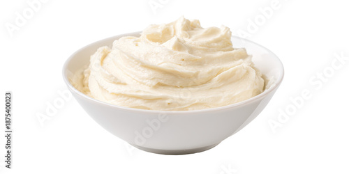 A White Bowl Filled with Soft and Creamy Whipped Cream Cheese or Mascarpone Frosting for Cooking and Baking Isolated on a Transparent Background.