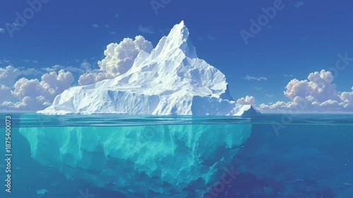 Charming Arctic Scenery Animated Journey: Icebergs, Clouds, and Tranquil Waterscape View
