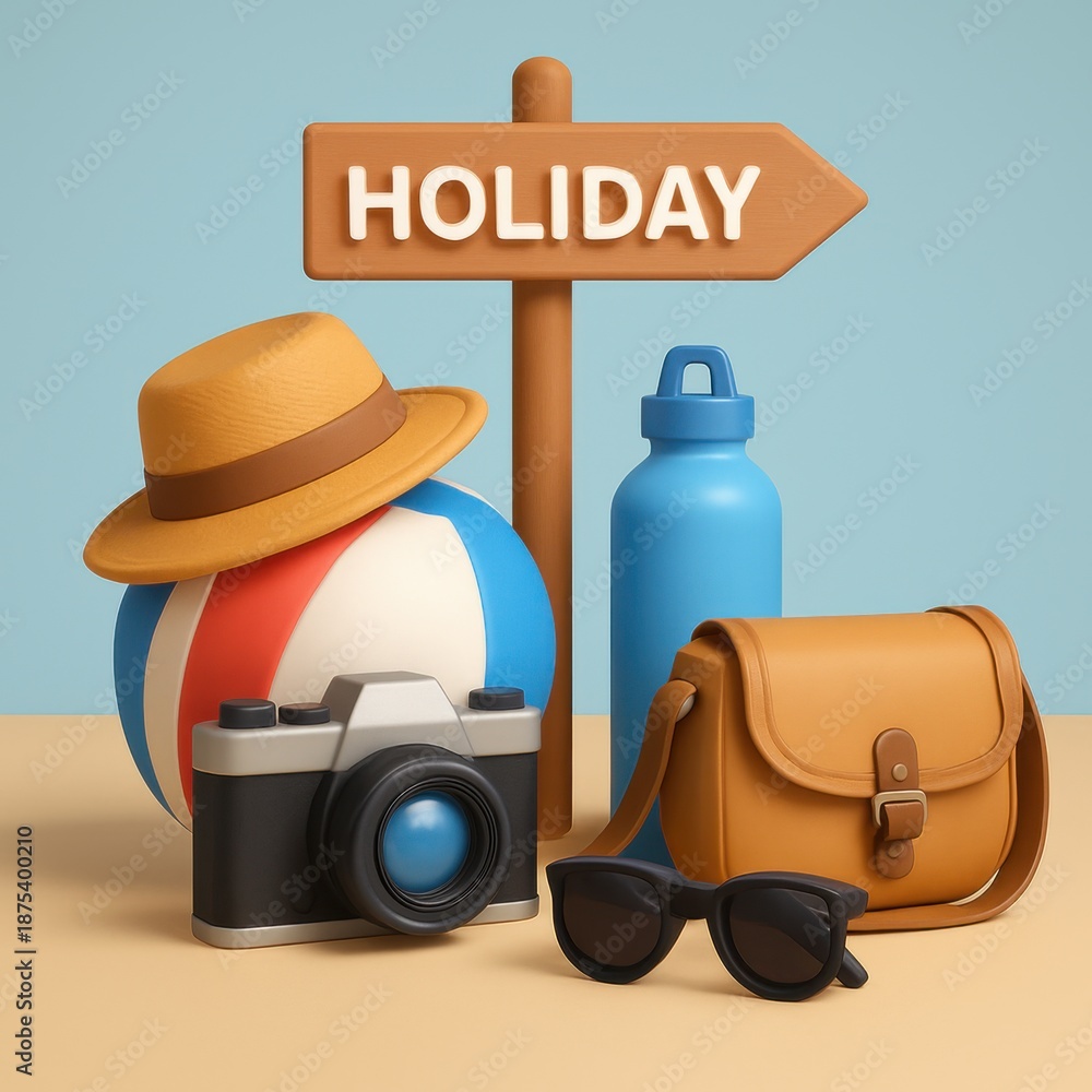 Fototapeta premium Stylized illustration showcasing holiday essentials with a playful and inviting aesthetic