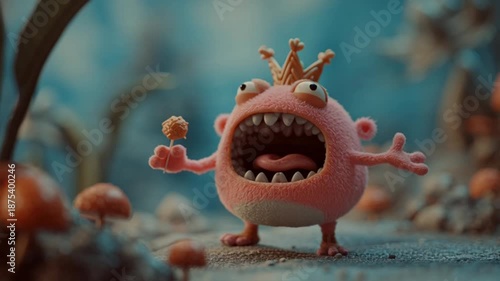 Delightful animated pink monster king expressing joy in a whimsical mushroom forest setting